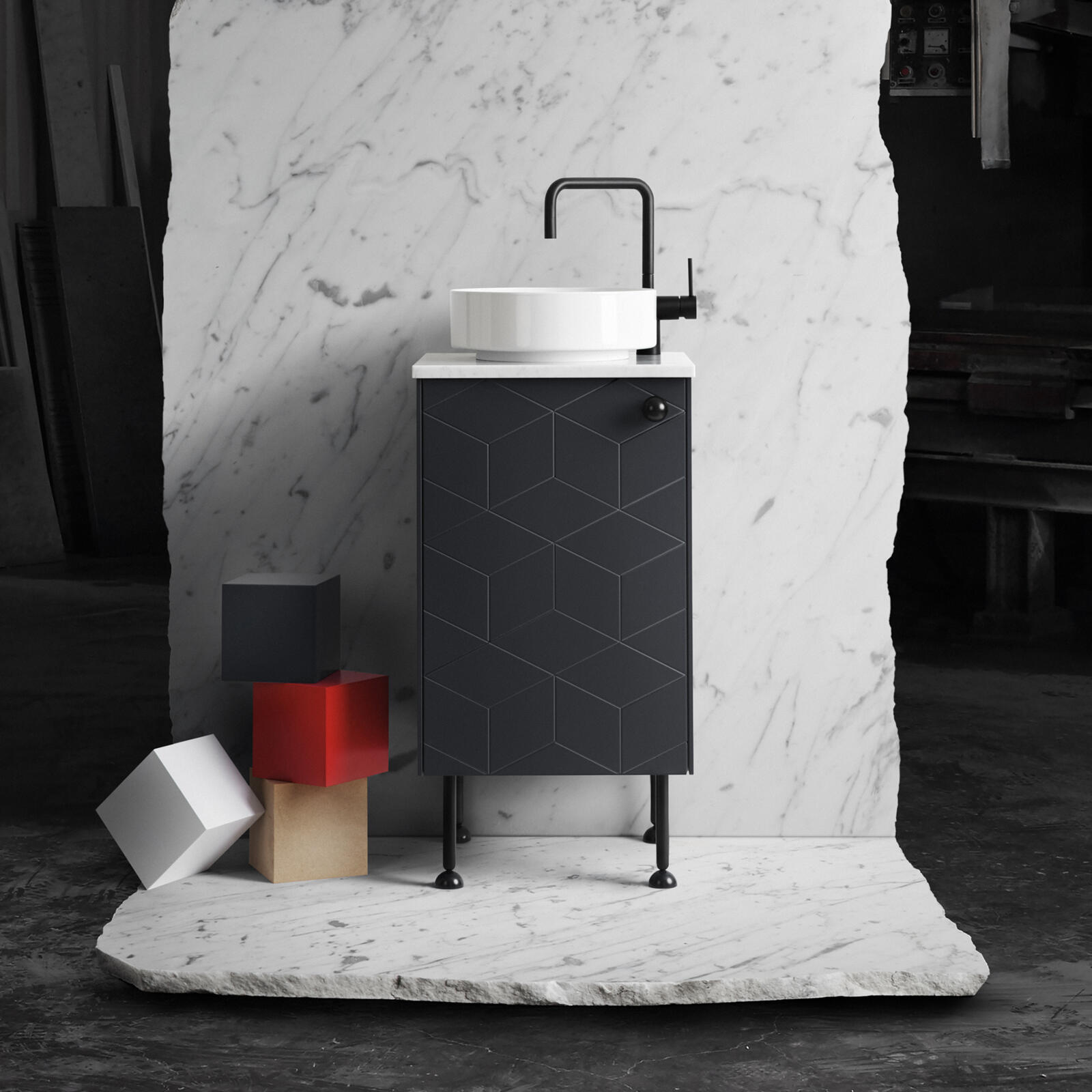 Furniture leg, knob and mixer tap in black, on a grey bathroom vanity