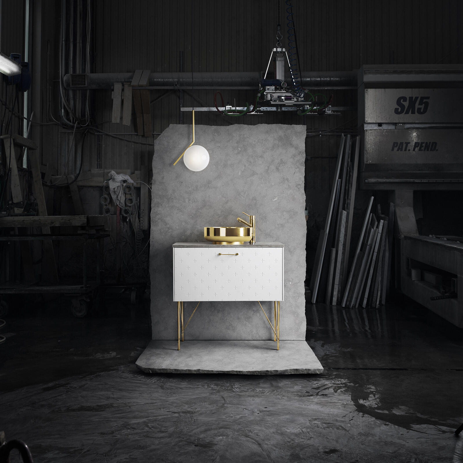 White bathroom vanity with sink, mixer tap and legs in brass