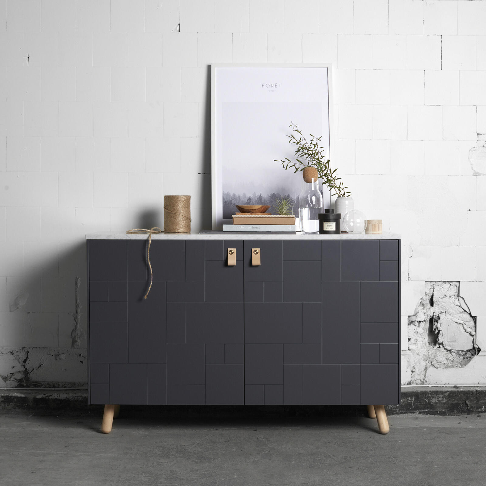 Furniture leg in clear-coated birch on a sideboard built from Ikea's Bestå frame