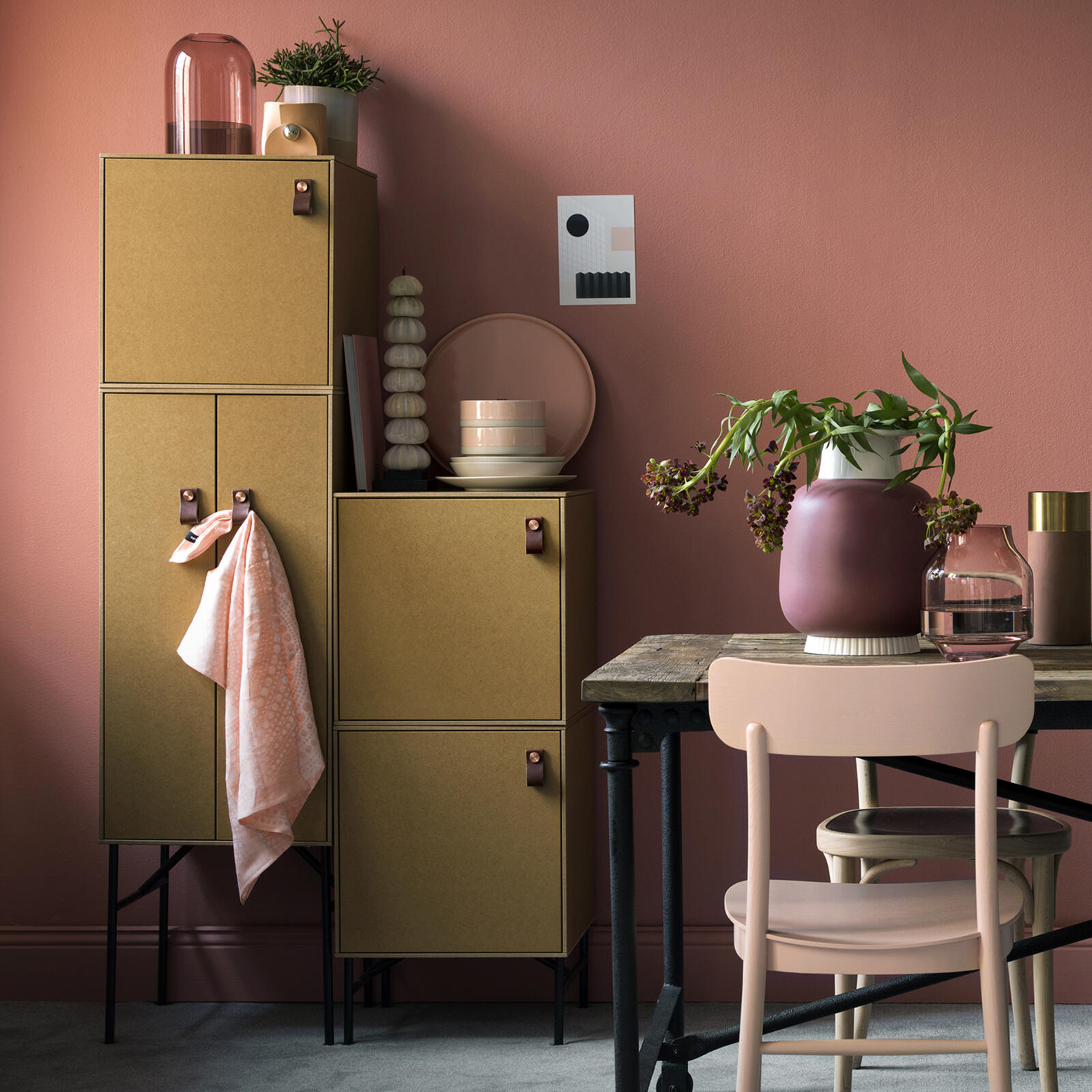 Storage furniture in a kitchen, built from Ikea's Metod frame with fronts and sides in clear-coated MDF