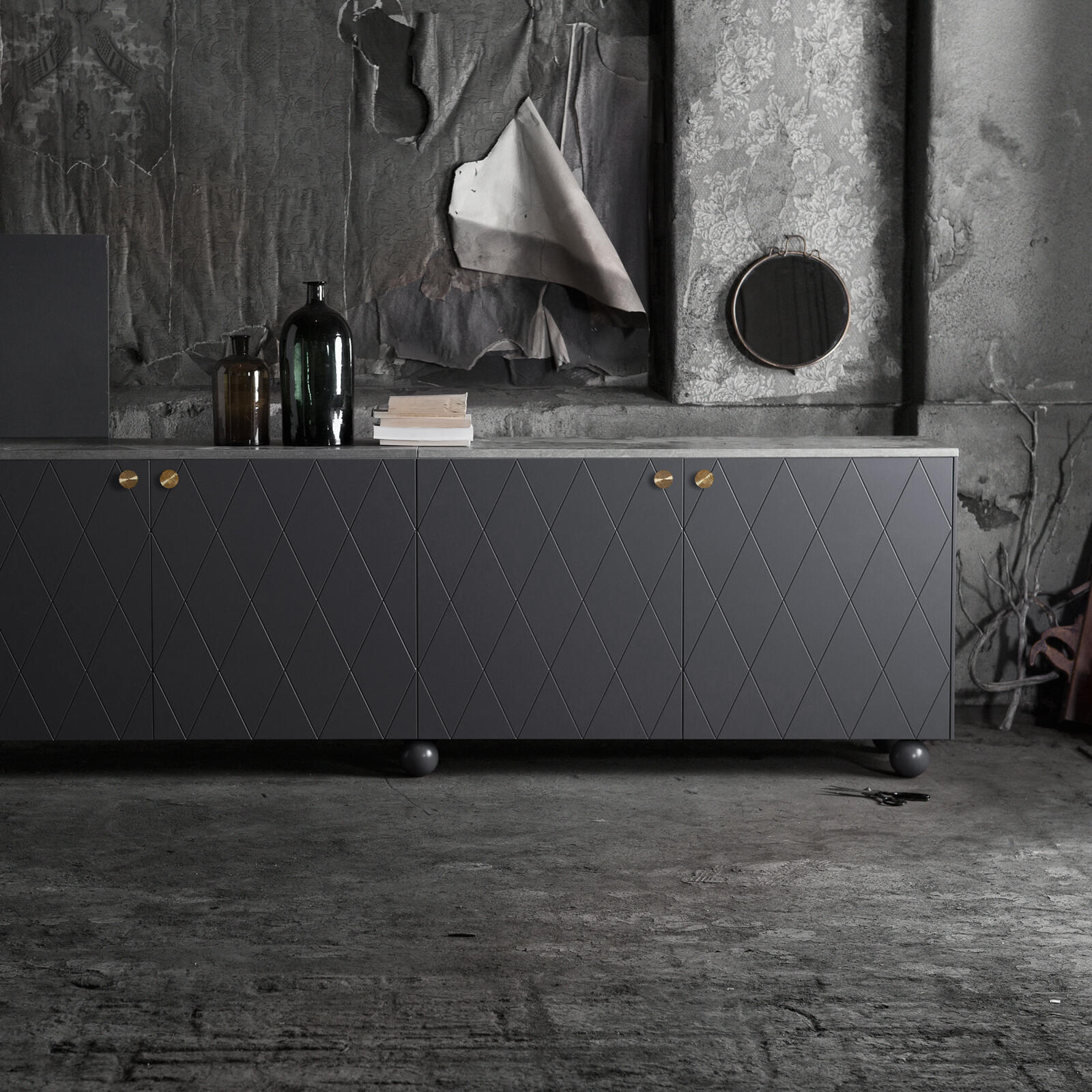 Long sideboard built from Bestå frames with decorative fronts, handles and legs from Superfront