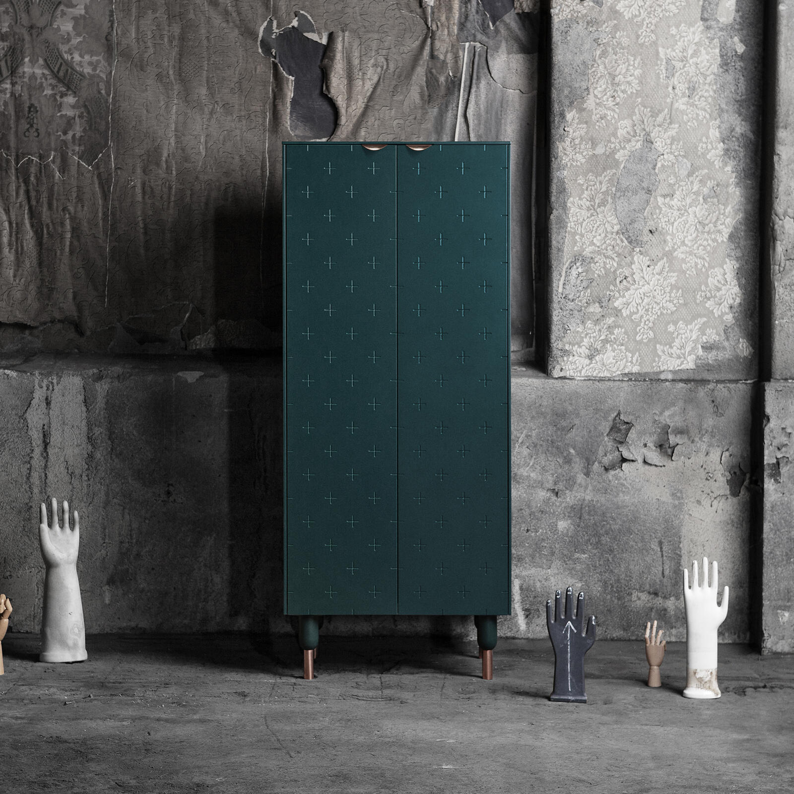 Cabinet in Bottle Green built from the Bestå frame, with details in copper from Superfront